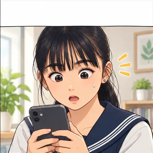 スマホのニュースを見て驚くゆま