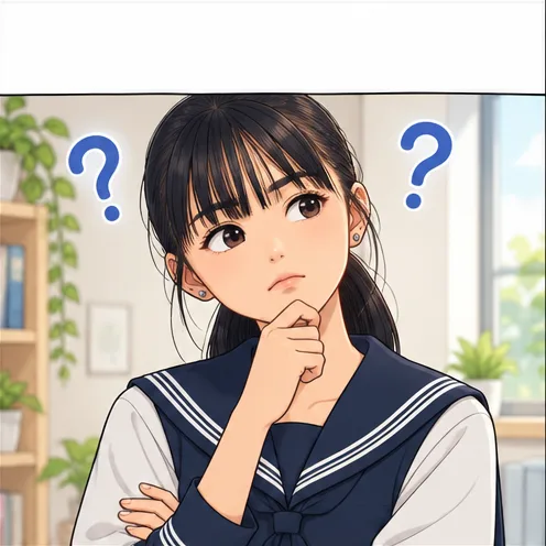 腕を組んで考えこむゆま