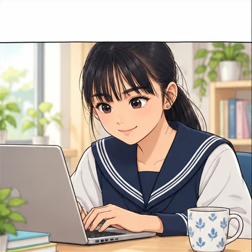 笑顔でノートパソコンに向かうゆま