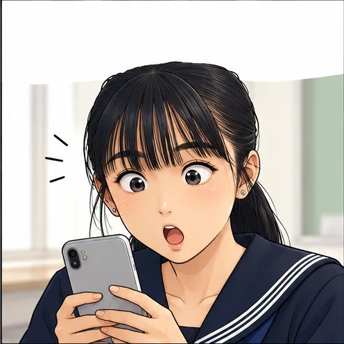 スマホのニュースを見て目を丸くして驚くゆま