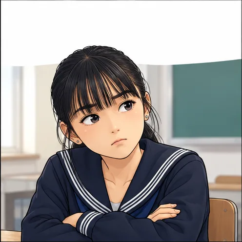 教室の机で腕を組み、考え込むゆま