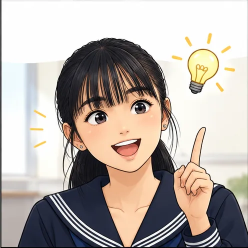 電球がひらめき、人差し指を立てて笑うゆま