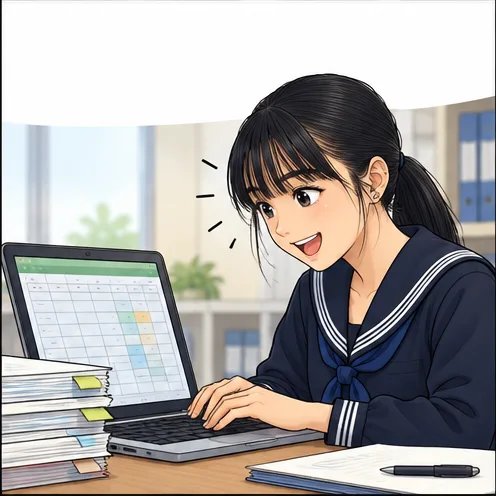 資料の束の横でノートPCのスプレッドシートを整理するゆま